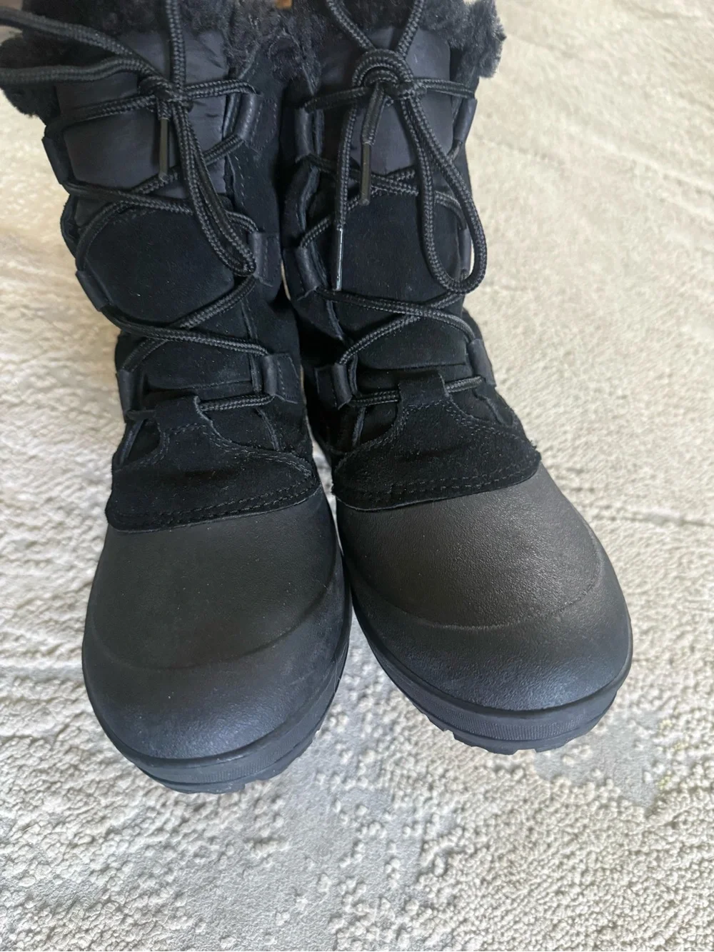 Lands' End black winter boots Quilted Suede rubber lace up pull on fur 10.5
